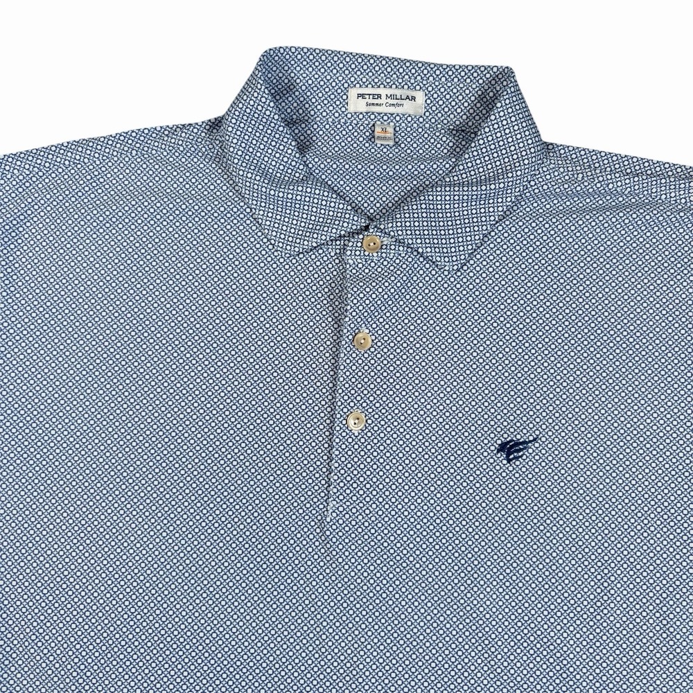 Peter Millar Porta Performance Mesh Polo Geometric Golf Shirt Men's AOP Blue EUC